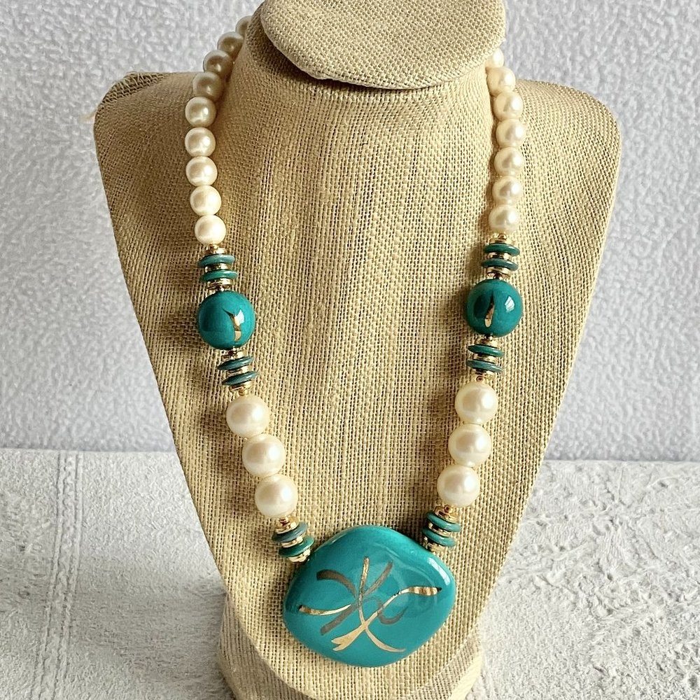 Turquoise Pendant & Faux Pearl Statement Necklace